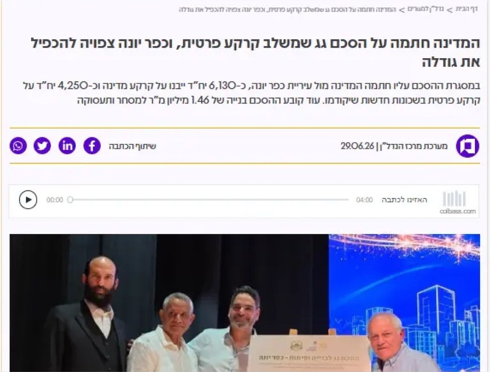 כתבה: המדינה חתמה על הסכם גג שמשלב קרקע פרטית, וכפר יונה צפויה להכפיל את גודלה